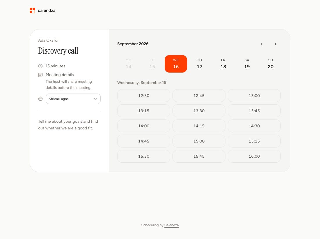 Calendza discovery-call booking page for demo consultant Ada, showing a 15-minute meeting and available times.