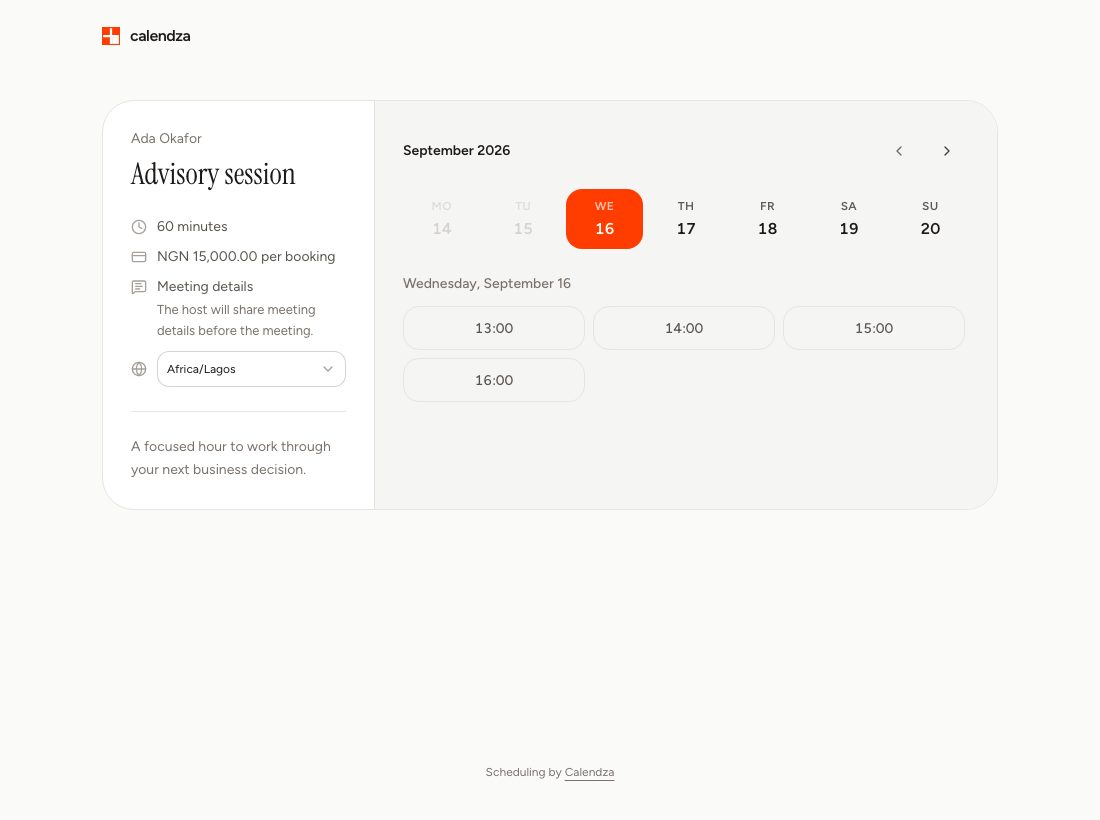 Calendza demo advisory-session booking page showing a 60-minute appointment priced at NGN 15,000.